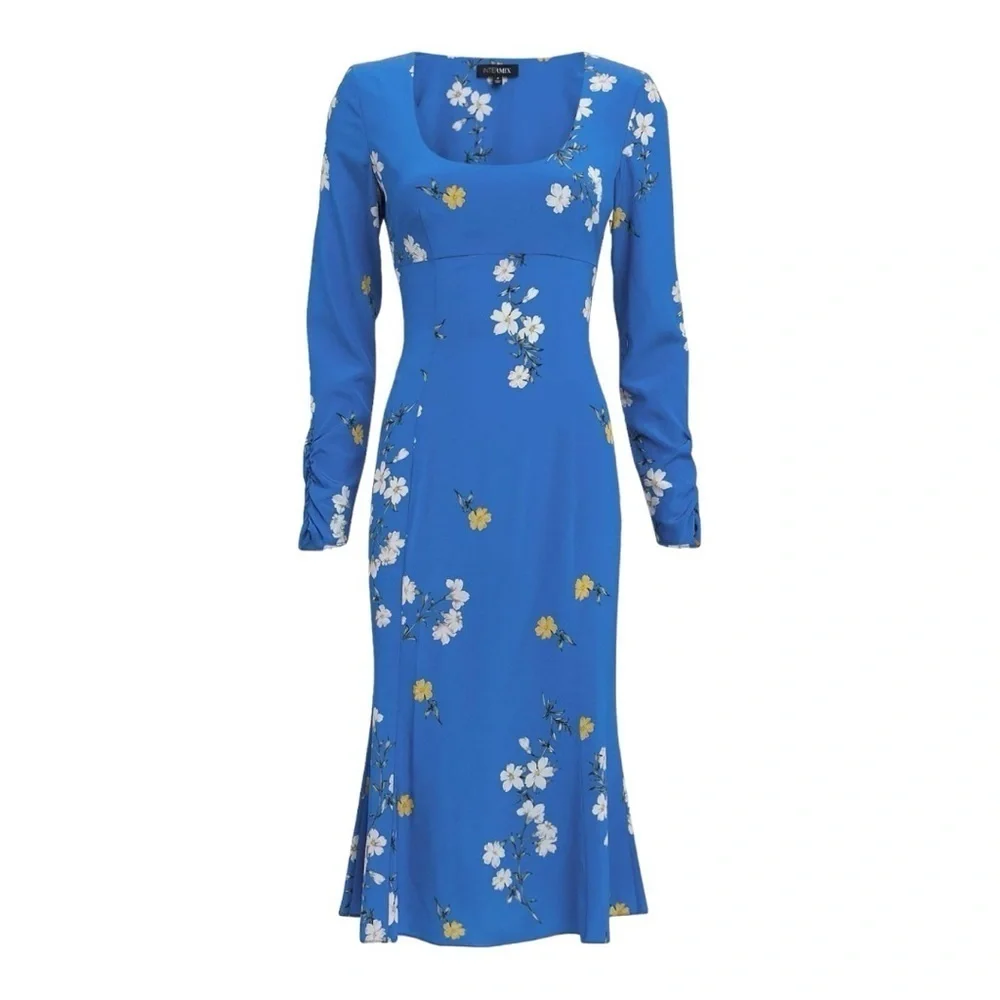 Intermix Mariabella Blue Silk Floral Long Sleeve Scoop Neck Dress Women’s 0 - Picture 4 of 12